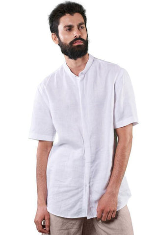 Mandarin Collar Casual Shirt - White - Hemp Republic