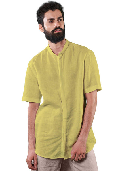Mandarin Collar Casual Shirt - Yellow - Hemp Republic
