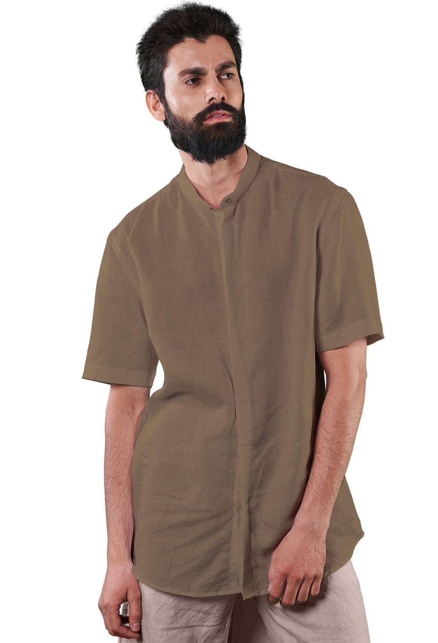 Mandarin Collar Casual Shirt - Brown - Hemp Republic