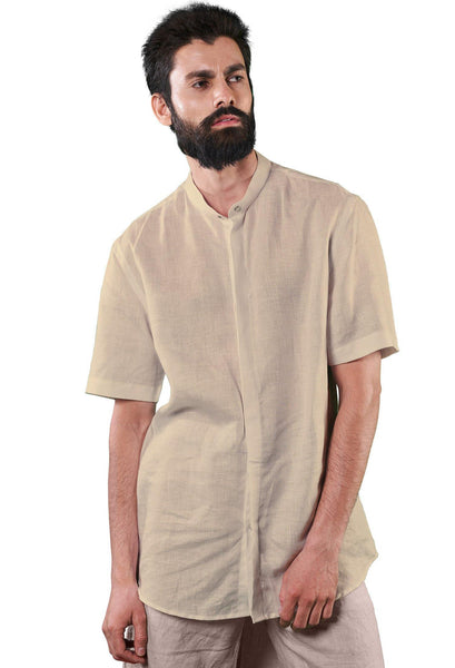 Mandarin Collar Casual Shirt - Beige - Hemp Republic