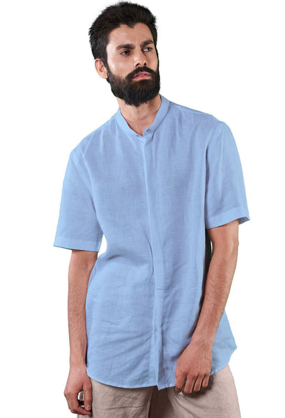 Mandarin Collar Casual Shirt - Light Blue - Hemp Republic