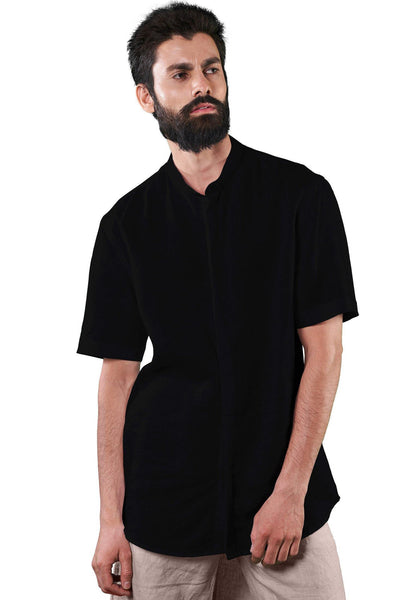 Mandarin Collar Casual Shirt - Black - Hemp Republic